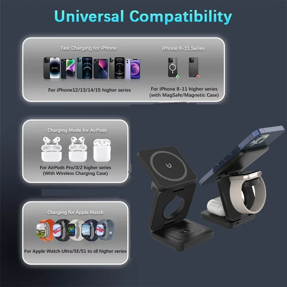 3 in 1 Wireless Charger Stand Magnetic Foldable Wireless Charging Station for iPhone 16 15 14 13 Pro Max Apple Watch 8 9 Charger